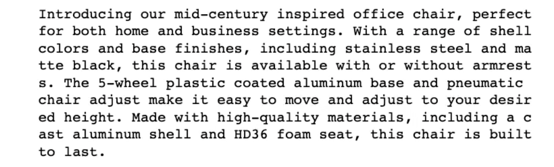 Screenshot of a result for generating a marketing product description focusing technical details