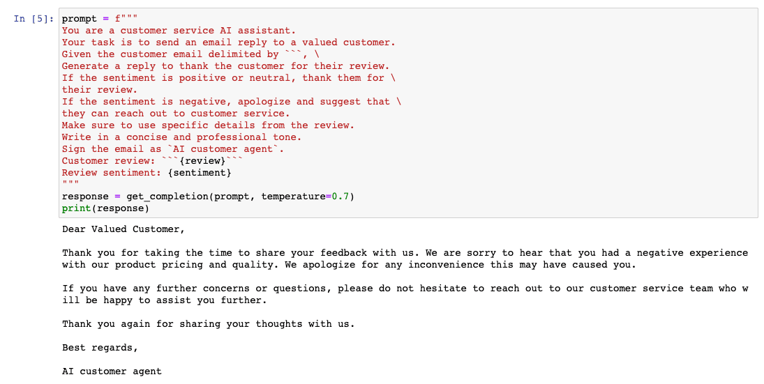 Screenshot of a first try example for temeprature 0.7